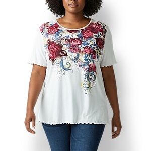 4/$20 Basic Editions Jeweled Floral Print Short Sleeve Lettuce Hem Top XXL